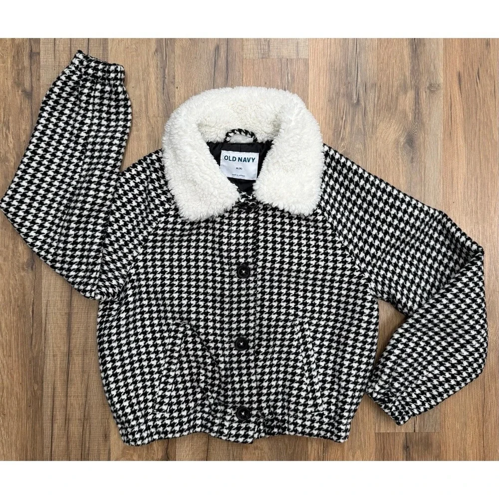 Old Navy Girls Houndstooth Sherpa Collar Jacket Size M 8 Black White